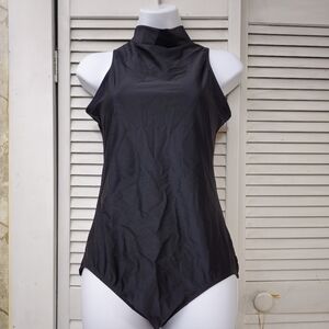 Womens Small Black Sleeveless Mock Neck One Piece Swimsuit